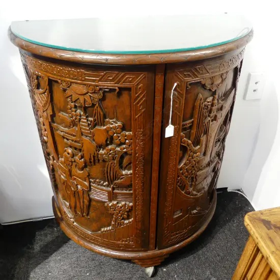 CARVED ROSEWOOD DEMILUNE COCKTAIL CABINET (TOP DAMAGED) 755x375x880