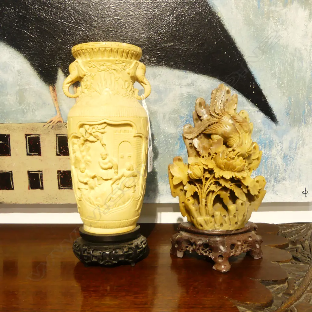 CHINESE RESIN VASE H.300mm + CARVED STONE SCUPLTURE H.260mm Image 1++