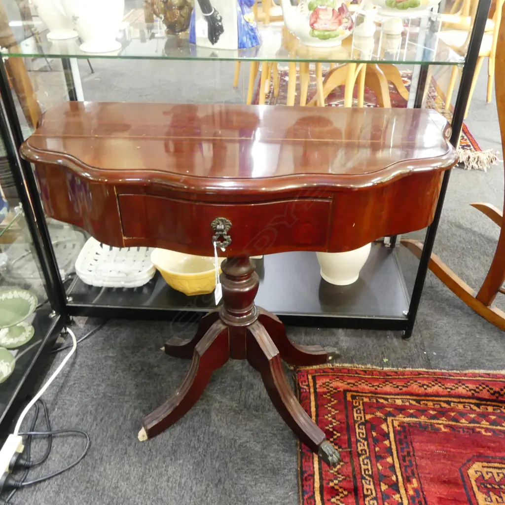 MAHOGANY DEMI LUNE PEDESTAL TABLE 830x390x670mm 2 FEET IN DRAWER Image 1++