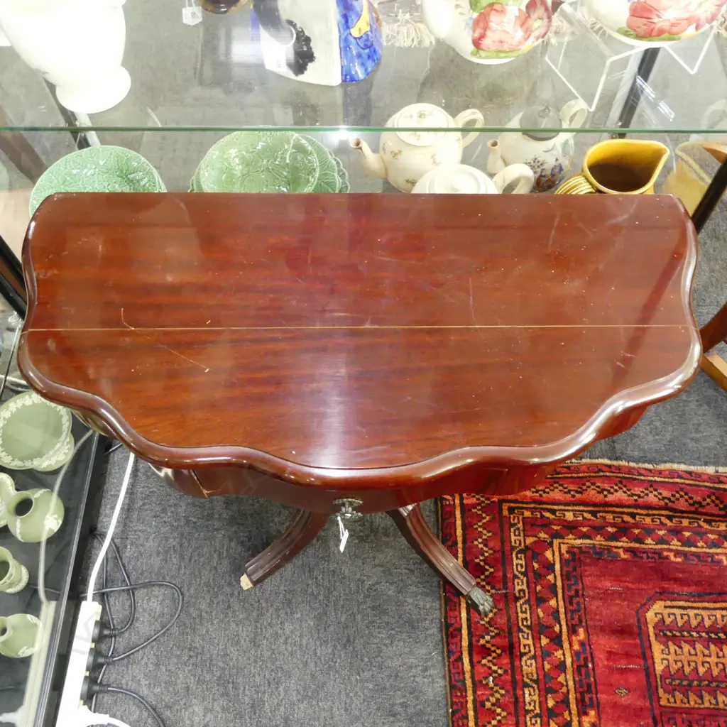 MAHOGANY DEMI LUNE PEDESTAL TABLE 830x390x670mm 2 FEET IN DRAWER Image 1++