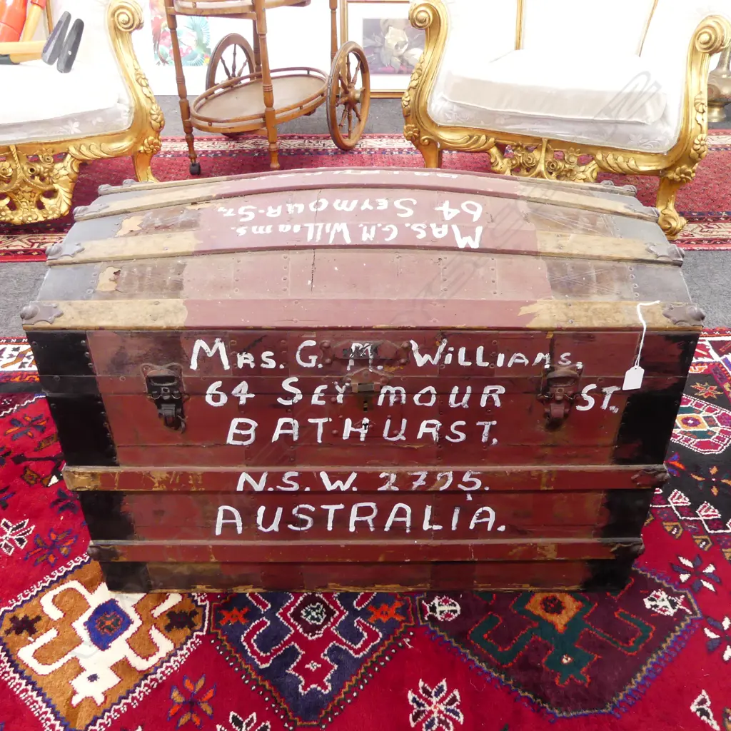 VINTAGE SARATOGA CHEST, AUSTRALIAN NAME & ADDRESS, PARTIALLY PAINTED, 840 x 480 x 580mm Image 1++