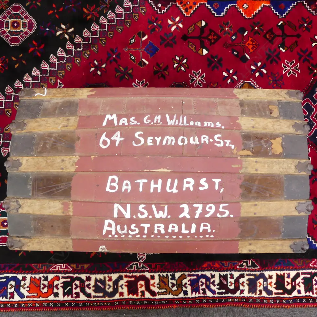 VINTAGE SARATOGA CHEST, AUSTRALIAN NAME & ADDRESS, PARTIALLY PAINTED, 840 x 480 x 580mm Image 1++