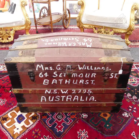 VINTAGE SARATOGA CHEST, AUSTRALIAN NAME & ADDRESS, PARTIALLY PAINTED, 840 x 480 x 580mm