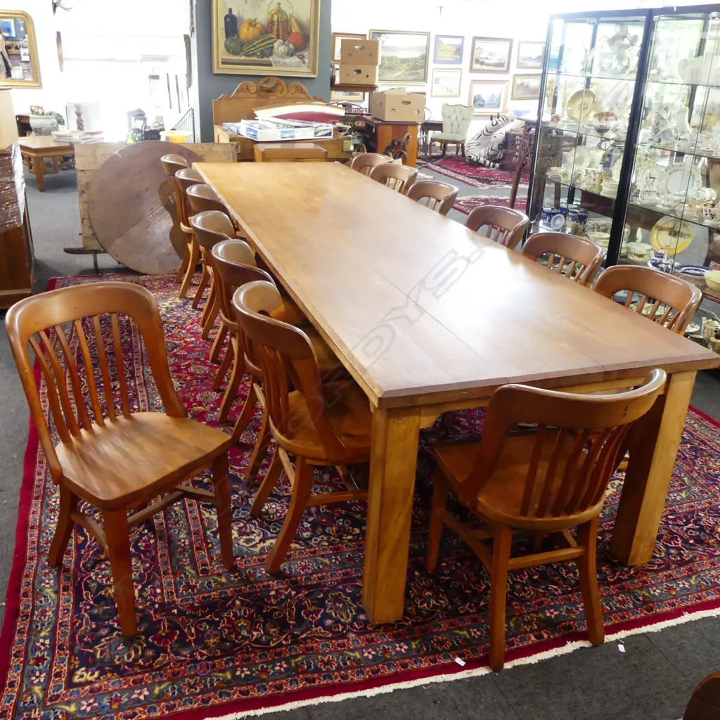 EXTRA LONG KAURI THICK PLANK TOP KITCHEN TABLE 3660x1050x780mm & 14 CHAIRS Image 1++