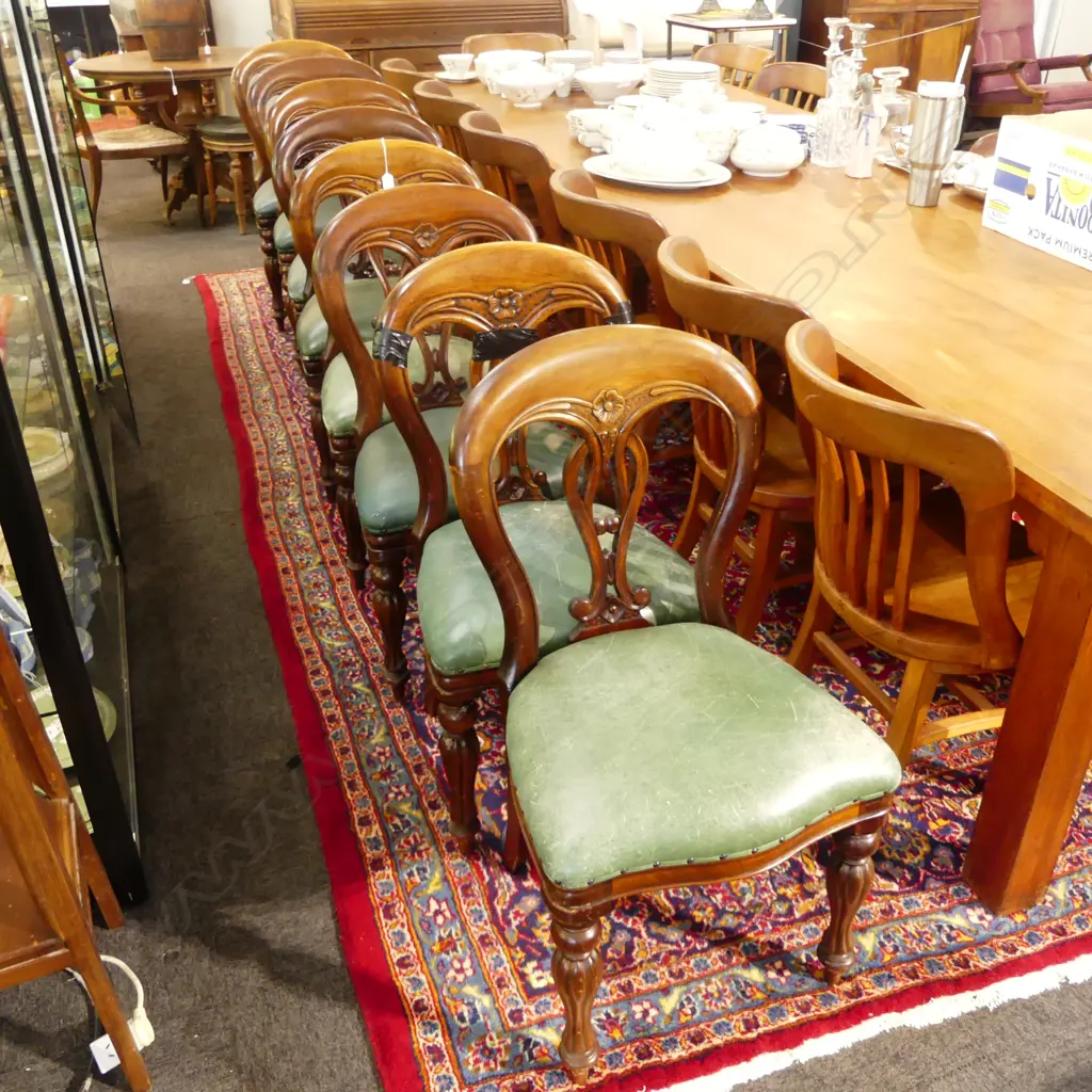 8 VICTORIAN STYLE DINING CHAIRS, GREEN LEATHER SEAT 1 AF Image 1++