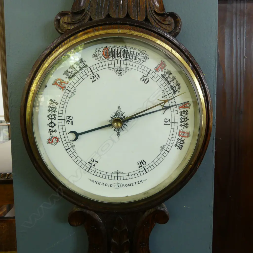 ANTIQUE OAK WALL ANEROID BAROMETER L930MM Image 1++