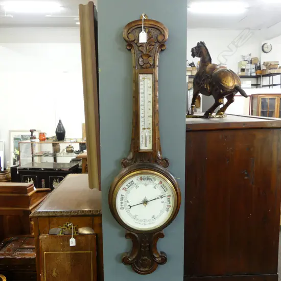 ANTIQUE OAK WALL ANEROID BAROMETER L930MM