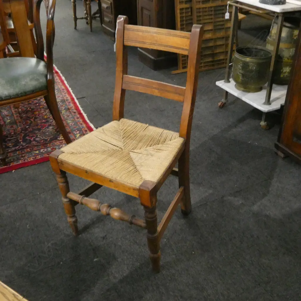 ANTIQUE WOODEN DINING CHAIR, WOVEN SEAT, BACK STRETCHER w. OLD BORER Image 1++