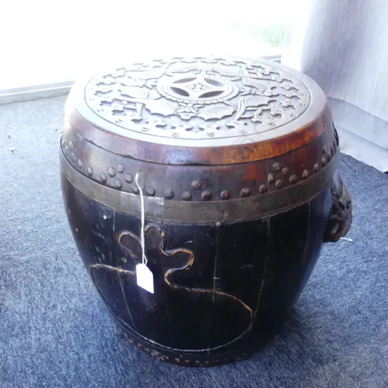 VINTAGE ORIENTAL LIDDED WOODEN BARREL H.390mm