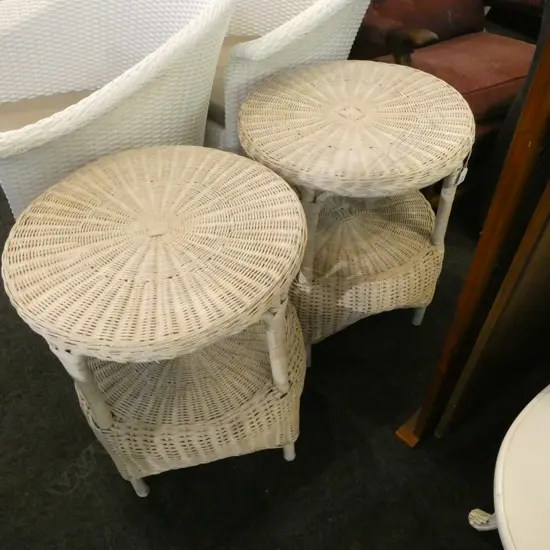PR WHITE PAINTED WICKER RATTAN SIDE TABLES H.580mm 470mm dia