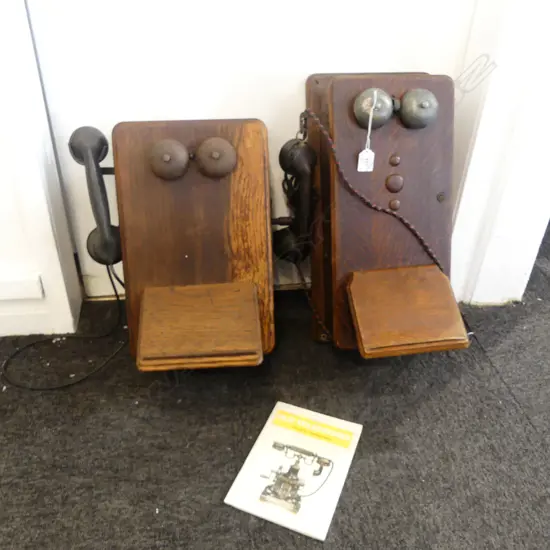 2 WOODEN WALL TELEPHONES [COMPLETE WITH ALL COMPONENTS] + BOOKLET