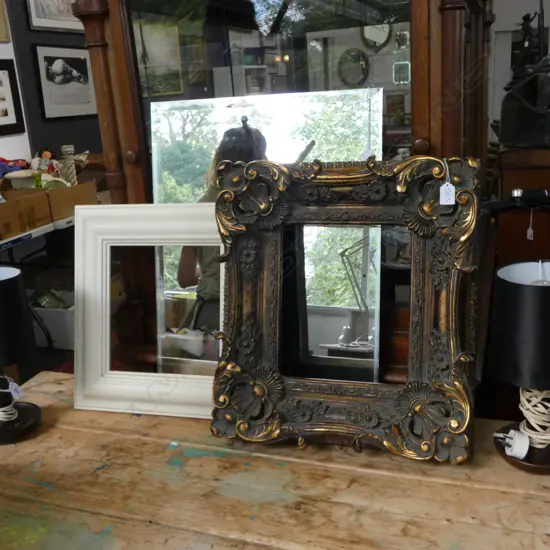 2 FRAMES (LARGEST 520x460mm) & UNFRAMED BEVEL EDGED MIRROR 495x695mm