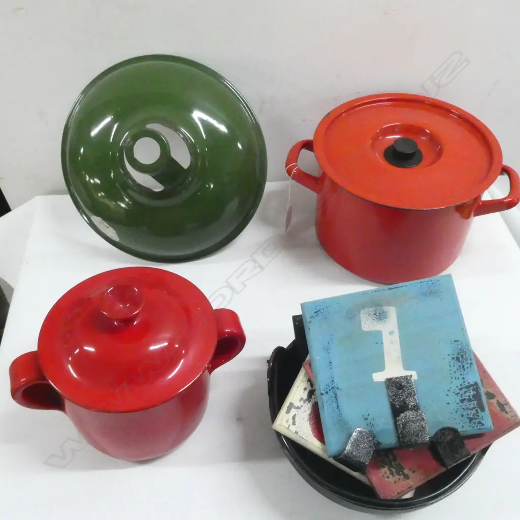 POTS, GREEN ENAMEL LIGHT SHADE ETC Image 1++