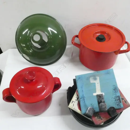 POTS, GREEN ENAMEL LIGHT SHADE ETC