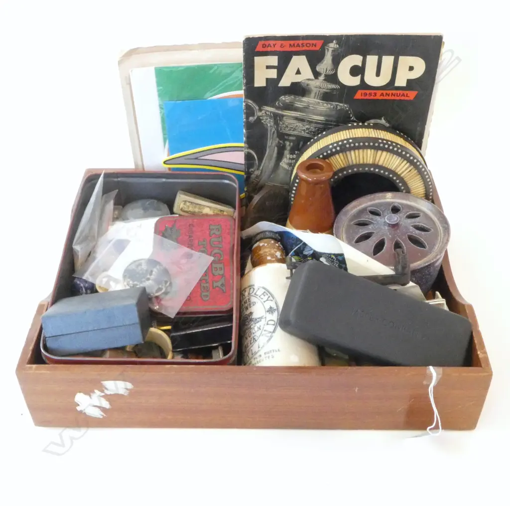BOX OF COLLECTABLES: Rugby tobacco tin. Ivory pces. F.A Cup  1953 Annual + porcupine quill dish etc  Image 1++