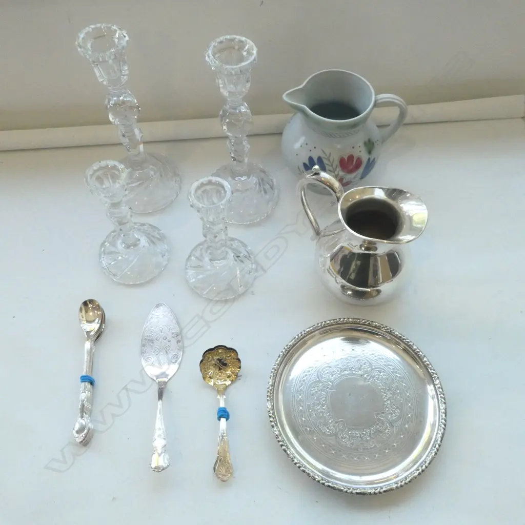 2 PRS CRYSTAL CANDLESTICKS H.260mm + SALVER, CUTLERY, 2 JUGS Image 1++