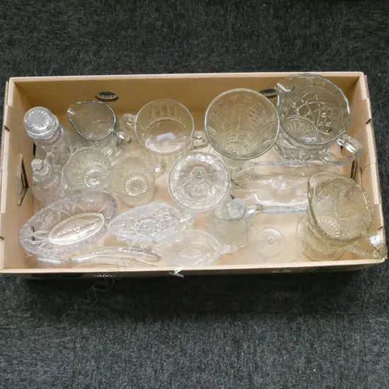 VINTAGE DEPRESSION GLASS JUGS, SAUCE BOTTLES, SAUCE BOATS, VASE ETC 
