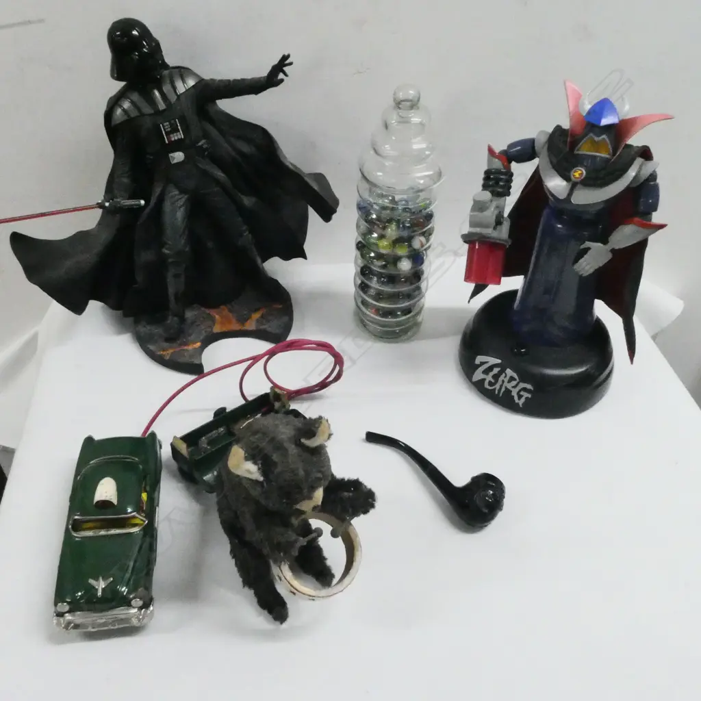 2005 LUCASFILM DARTH VADER FIGURE, ZURG FIGURINE, WIND UP TEDDY, MARBLES & TIN REMOTE CONTROL TOY CAR Image 1++