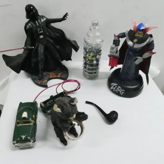 2005 LUCASFILM DARTH VADER FIGURE, ZURG FIGURINE, WIND UP TEDDY, MARBLES & TIN REMOTE CONTROL TOY CAR