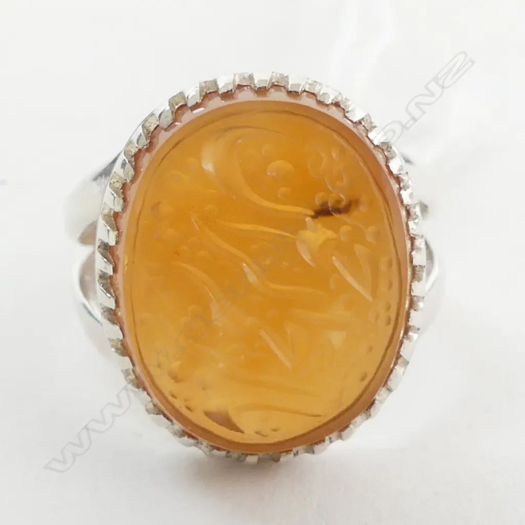 MIDDLE EASTERN HAND ENGRAVED NATURAL AGATE 925 RING SIZE N Image 1++