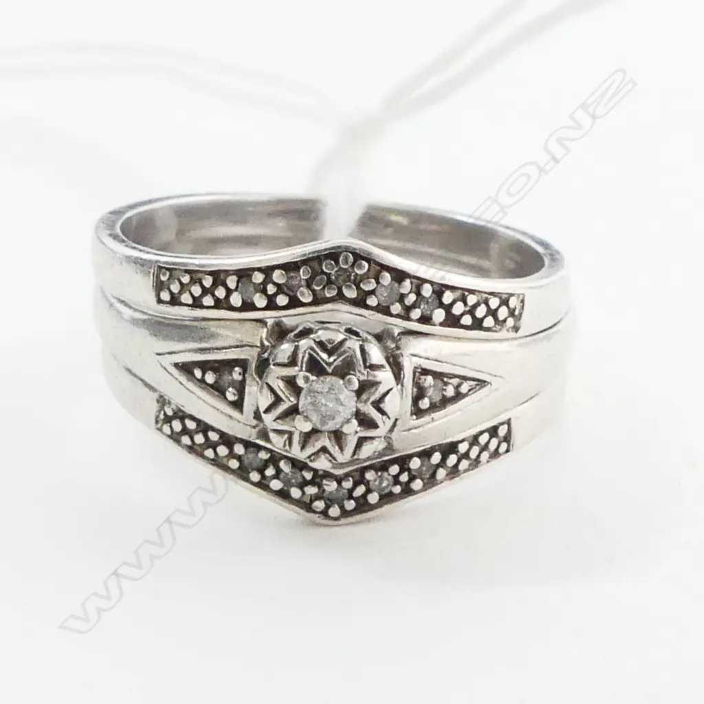 STG SILVER & DIAMOND THREE PIECE RING SET 5.6grms SIZE P Image 1++