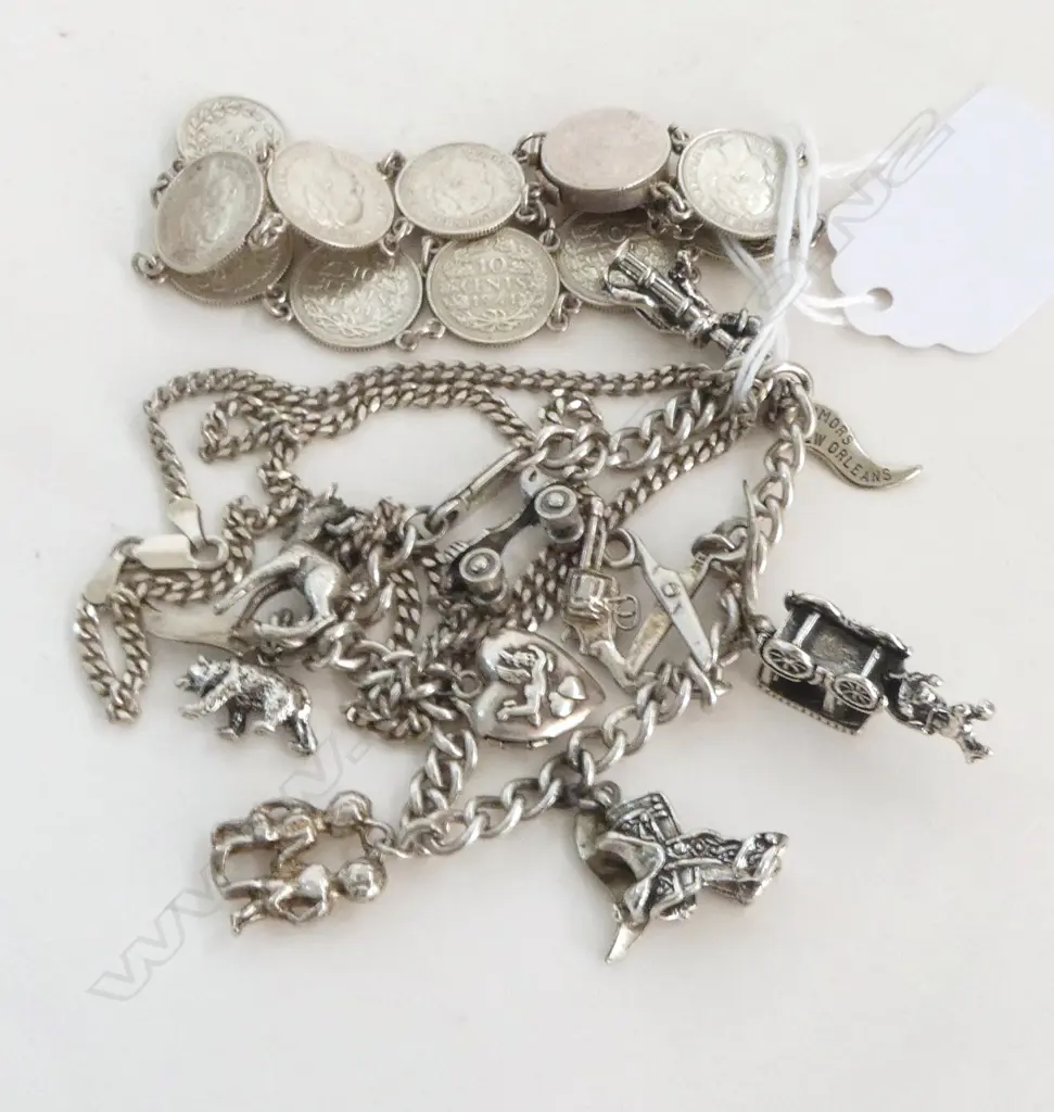 SILVER CHARM BRACELET + OLD SILVER COIN BRACELET + NECK NECK CHAIN Image 1++