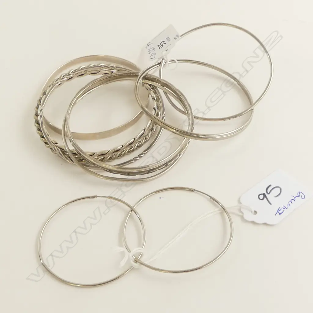 10x SILVER BANGLES 80gms WITH PR OF LARGE HOOP EARINGS Image 1++