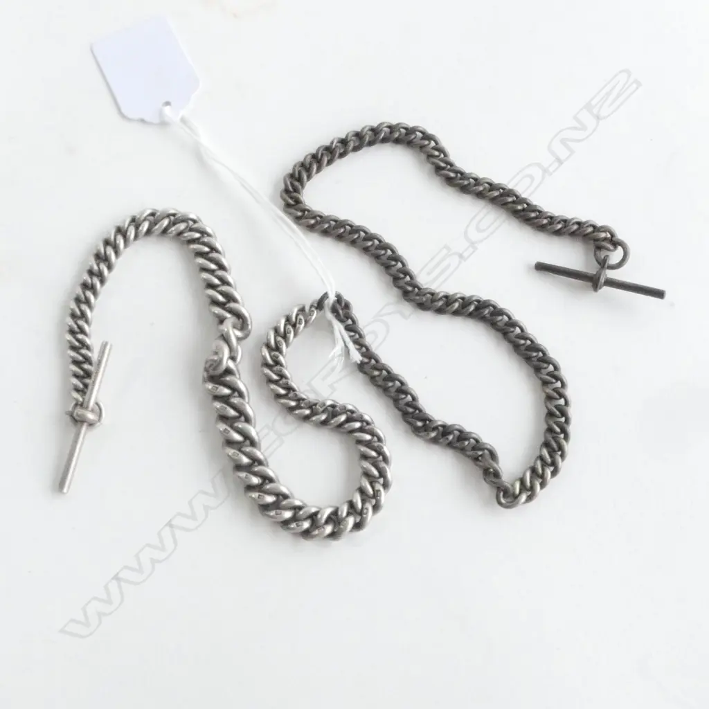 2 STG SILVER FOB CHAINS; BOTH CLASPS MISSING, 1 T-BAR 'IMITATION', 49.61 & 33.49gms Image 1++