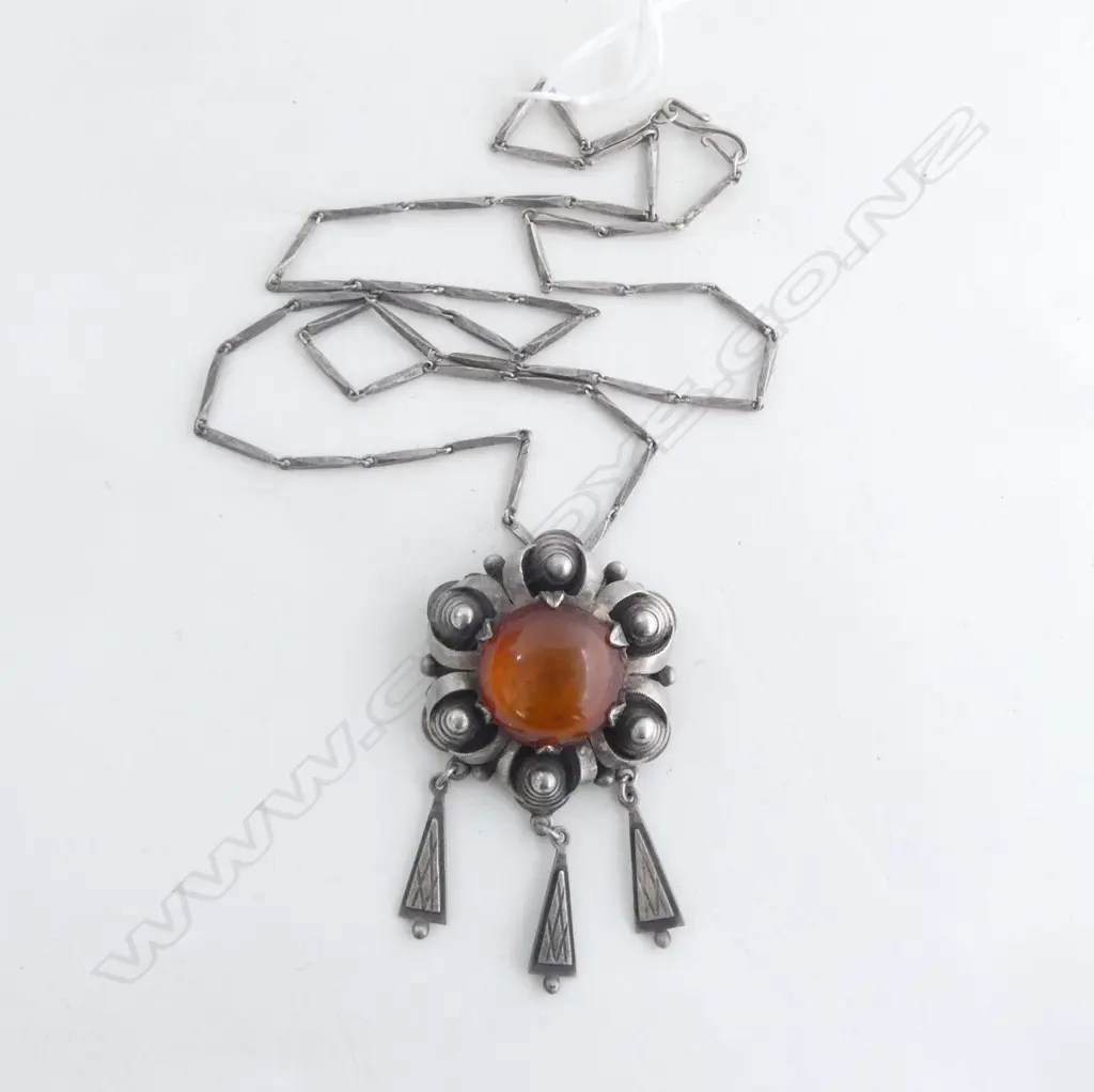 C.1940s SCANDINAVIAN STG & AMBER ? PENDANT NECKLACE Image 1++