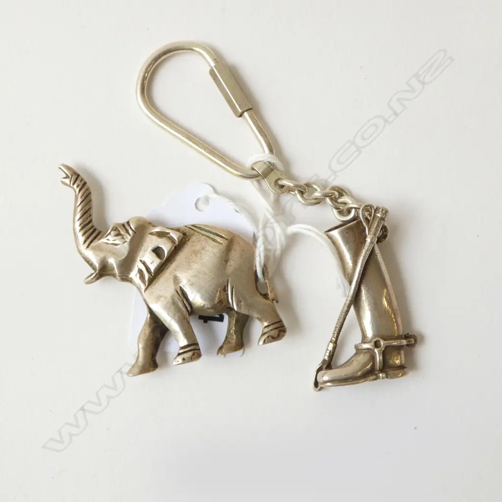 SILVER HALLMARKED RIDING BOOT KEY RING + EGYPTIAN SILVER ELEPHANT 55gms total includes clip not silver Image 1++
