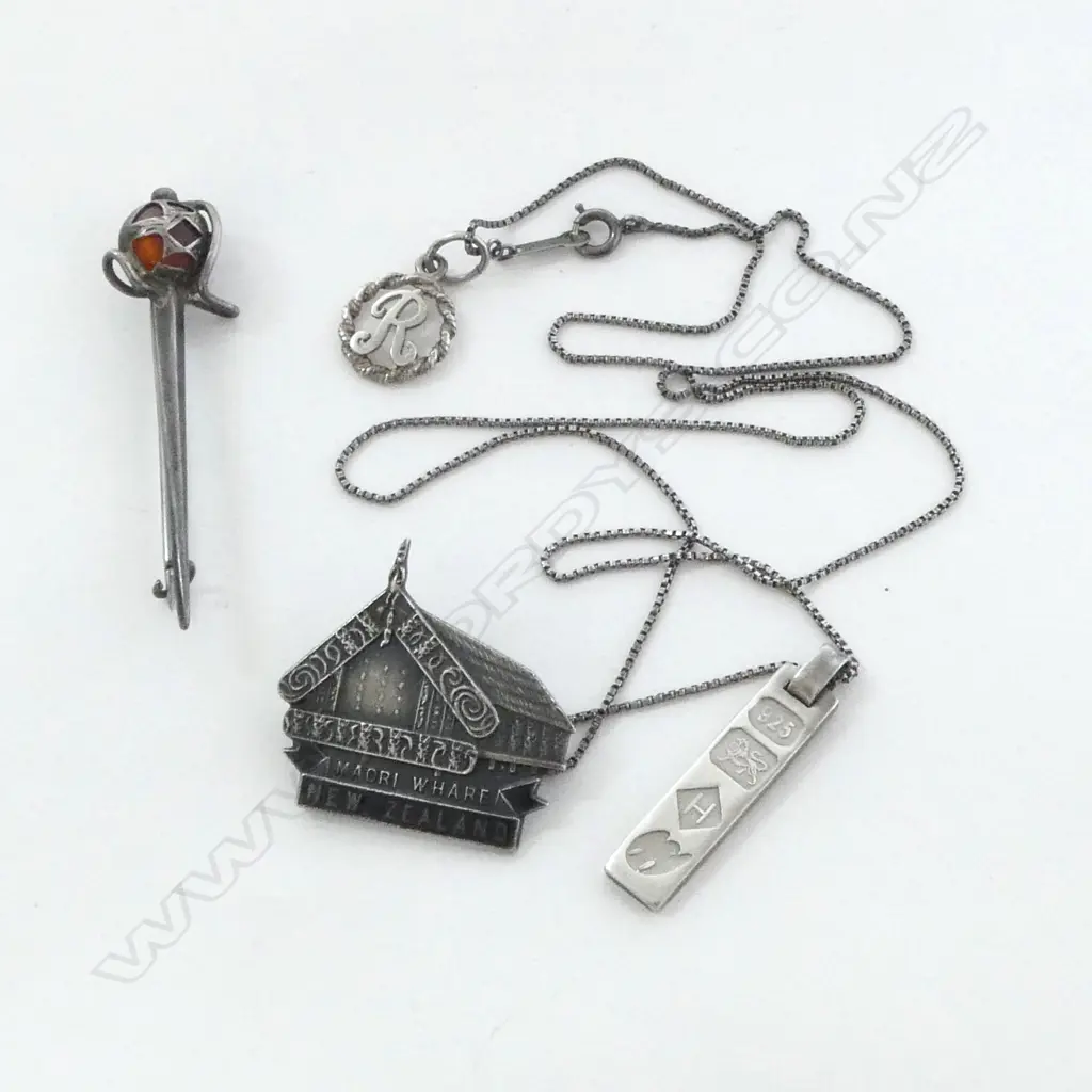 NZ MAORI WHARE BROOCH by Stratton - Birmingham + SILVER SCOTTISH SWORD BROOCH + SILVER INGOT PENDANT Image 1++