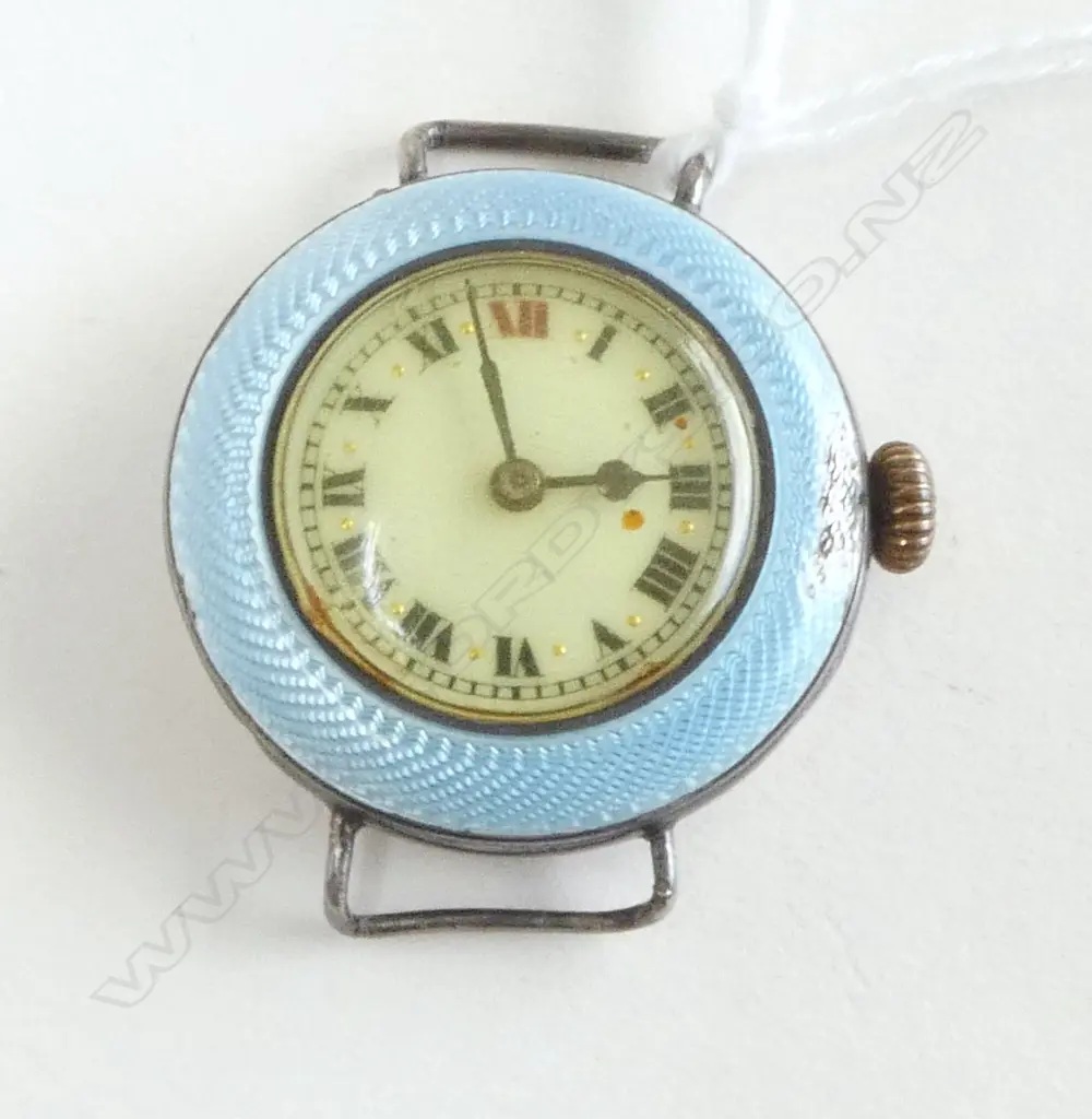ART DECO SWISS SILVER & ENAMEL WRISTWATCH not running small chip to pale blue enamel Image 1++