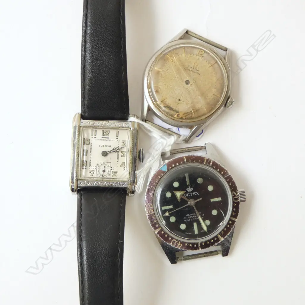 3 GENTS VINTAGE WRISTWATCHES: OMEGA SEAMASTER as is + BULOVA running + NOCTEX submariner type running Image 1++