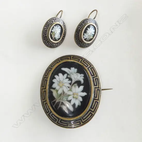 c1900 FLORAL PAINTED PORCELAIN BROOCH & EARRINGS  silver plate frames with black enamel square scrolls 