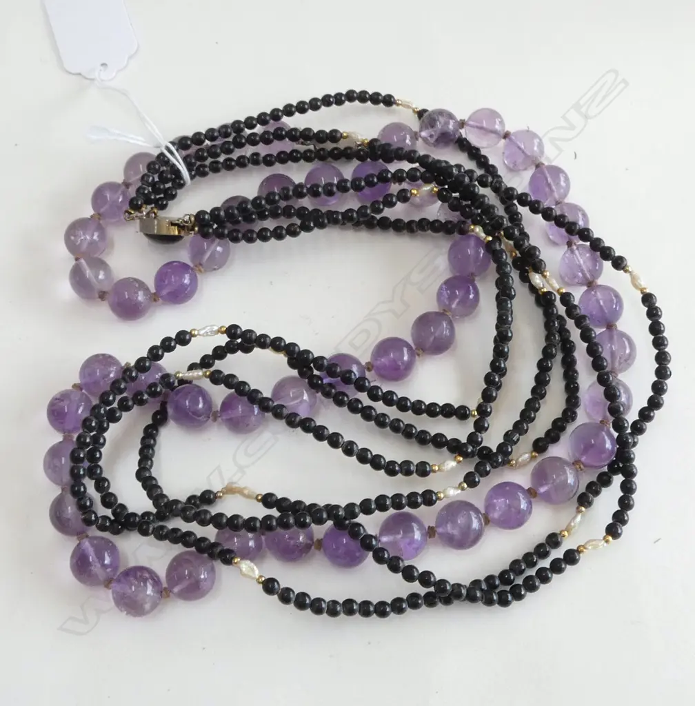 AMETHYST BEAD NECKLACE SILVER CLASP & PEARL AND BLACK BEAD NECKLACE Image 1++