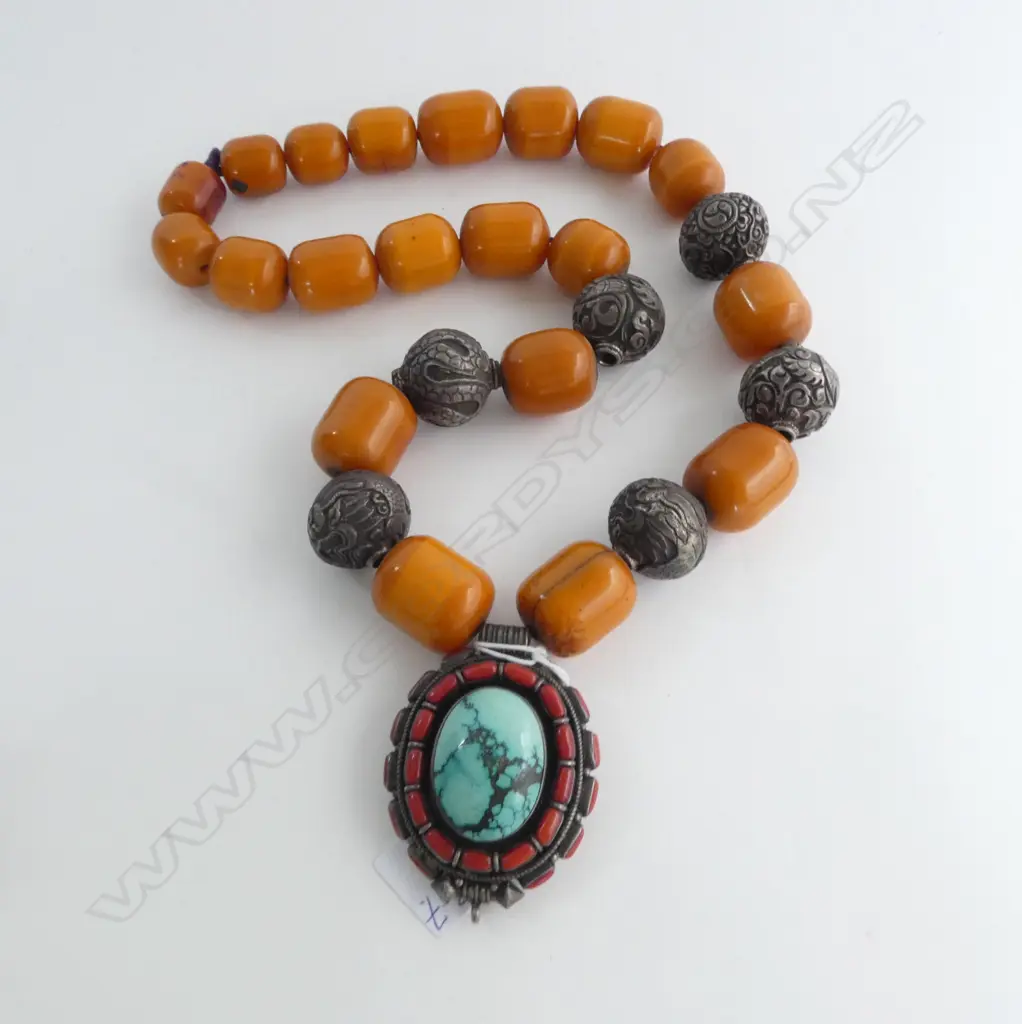 CHUNKY TRIBAL NECKLACE with faux amber beads + decorative silver beads. Silver locket w coral & turquoise jewels Image 1++