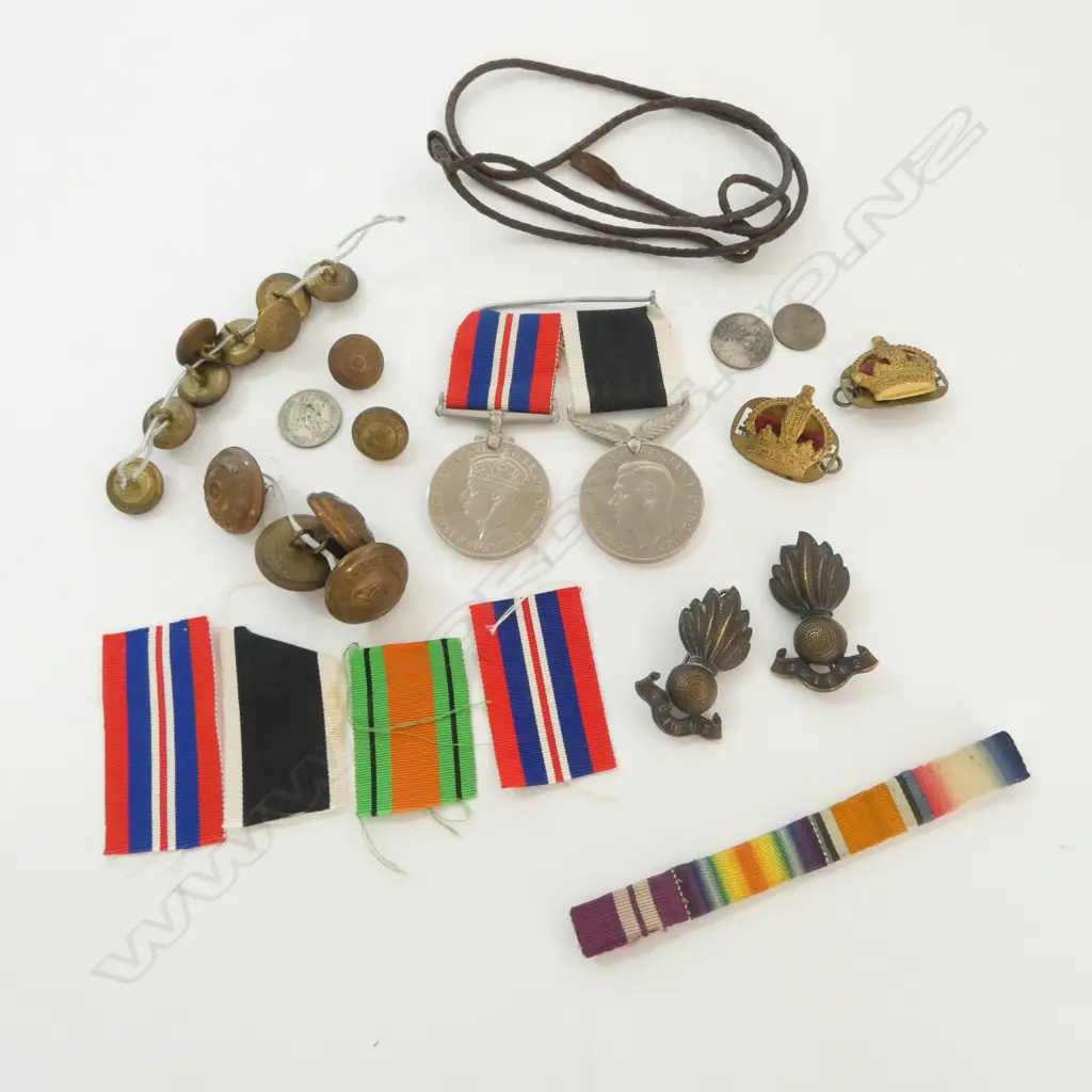 PR WWII SERVICE MEDALS + BUTTONS + BADGES + RIBBONS ETC. box labelled buttons of Major William Golden 1914-1918 War .... Image 1++