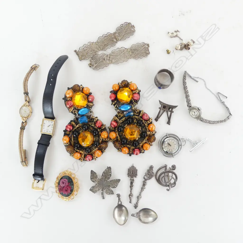 ASST. STG JEWELLERY, 3 WATCHES, PR LG COSTUME EARRINGS signed Tracey Collins ETC Image 1++