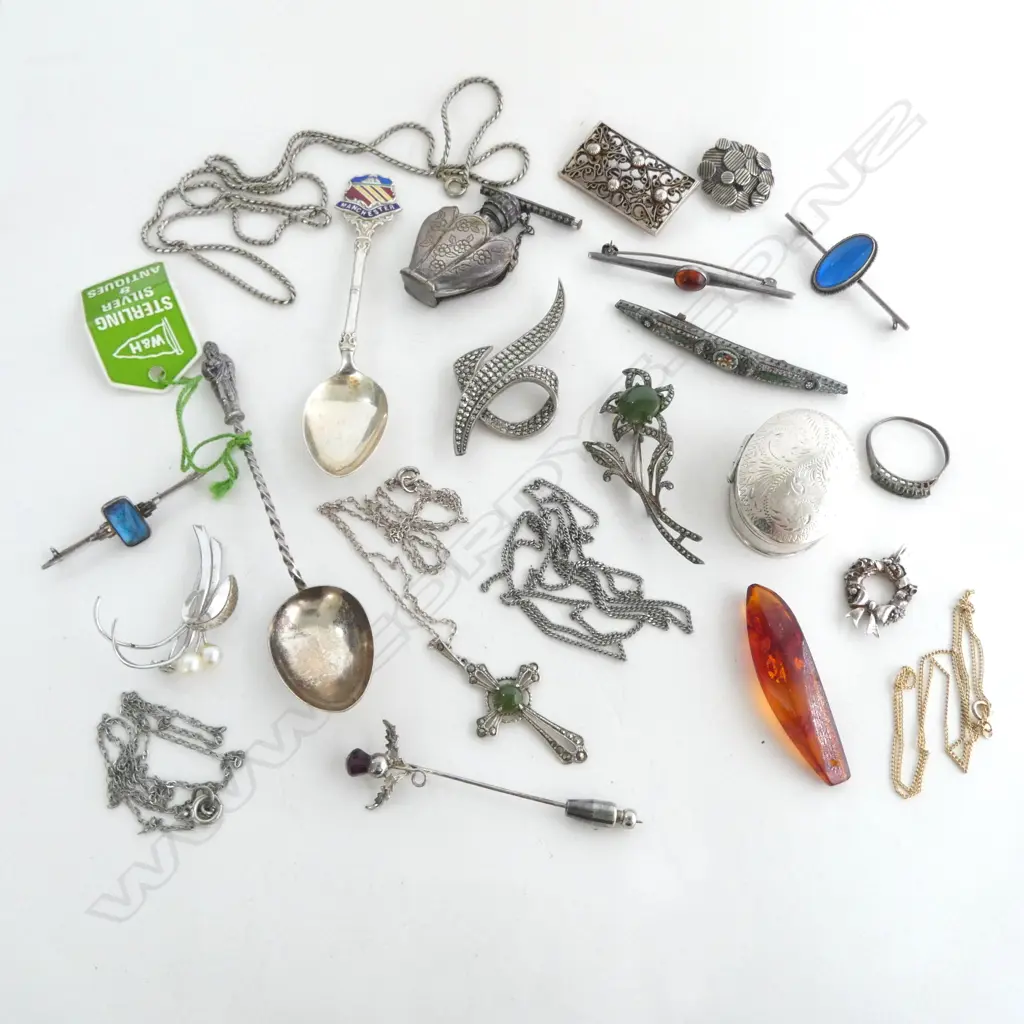 mainly SILVER JEWELLERY ETC. snuff type box. marcasite brooches. spoons. perfume etc Image 1++
