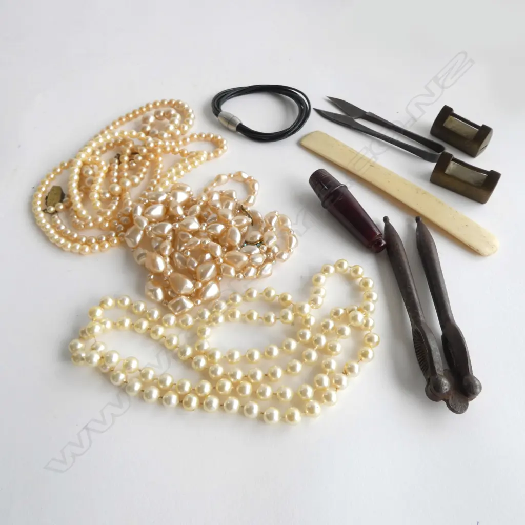BAG OF TREASURE: costume pearl necklaces + bone letter knife + old Japanese scissors etc Image 1++