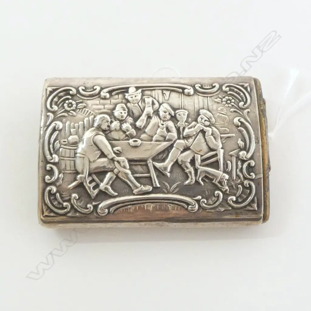Continental silver embossed VESTA. Tavern scene. plated sliding section. striker to end L.64mm SLIGHT DAMAGE TO STRIKER Image 1++
