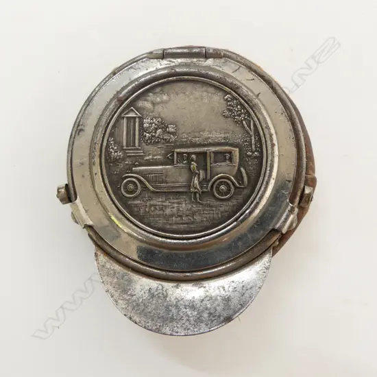 ART DECO SILVER PLATE & LEATHER NOVELTY CHAFFEURS CAP FORM PURSE 