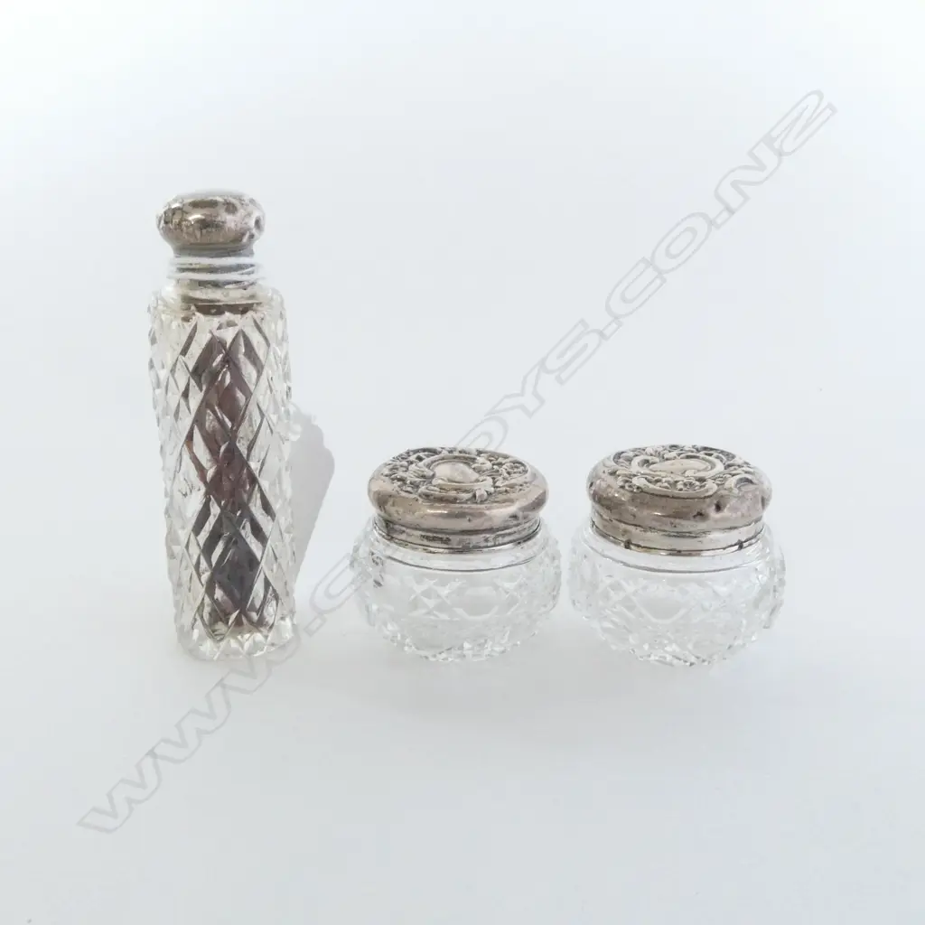 3 EDWARDIAN EMBOSSED SILVER SMALL vanity bottles/jars (pair + 1) Image 1++
