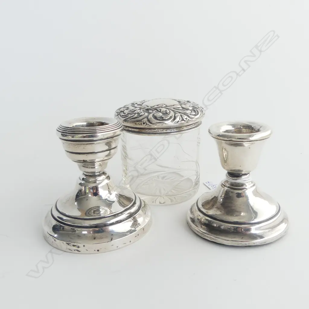 2 STG SILVER CANDLESTICKS H.65mm + STG LIDDED JAR Image 1++