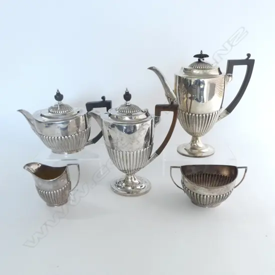 5 PCE SILVER TEA & COFFEE SERVICE: COFFEE POT + TEA POT + HOT WATER POT.+ SUGAR & CREAM Sheffield 1916 1935gms