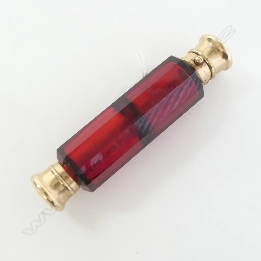 VICTORIAN MORDAN & CO. SILVER GILT & facetted ruby glass scent bottle dble ended L.120mm Image 1++