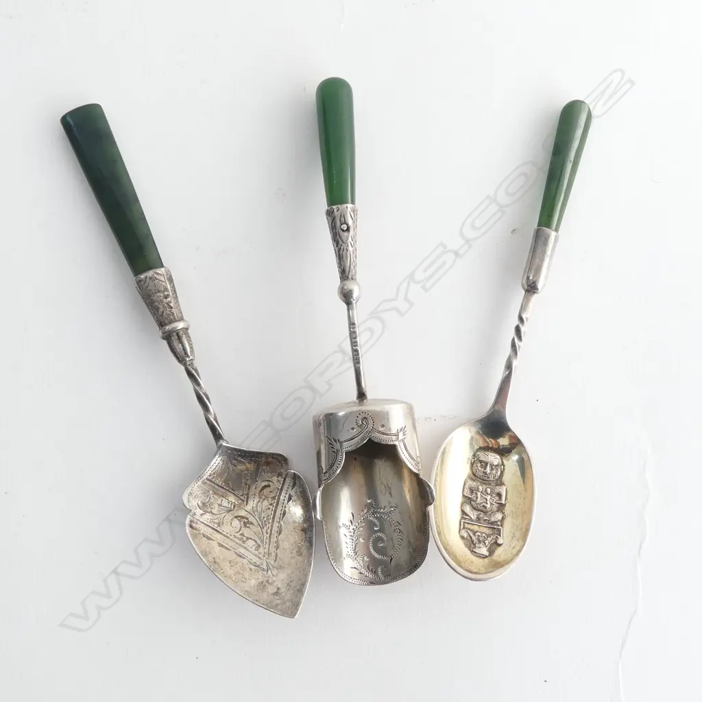3 EARLY 20thC SILVER & POUNAMU PIECES: 2 SPOONS 1 W TIKI + SUGAR SCOOP engraved Image 1++