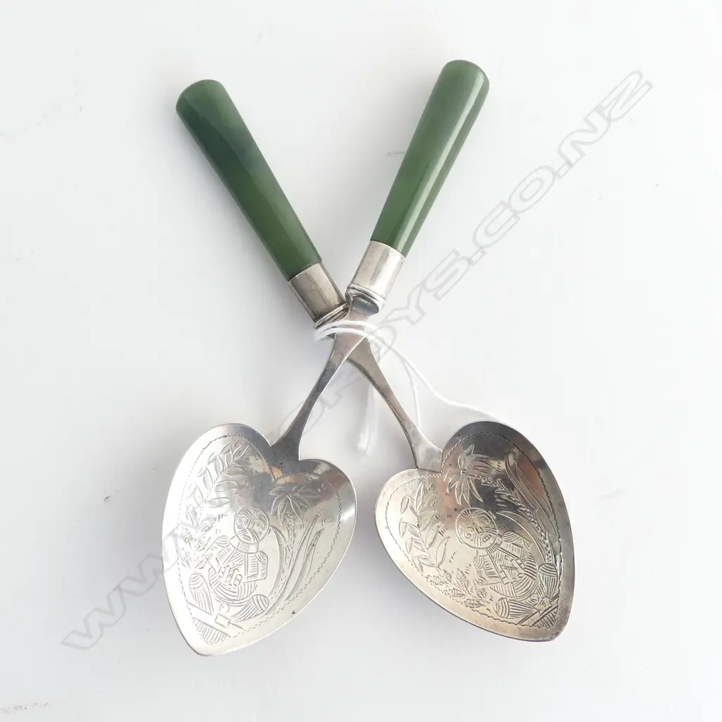 PR EARLY 20thC MAORI DECORATED SILVER & POUNAMU SPOONS heart shape bowls w Maori figure & ferns  Image 1++