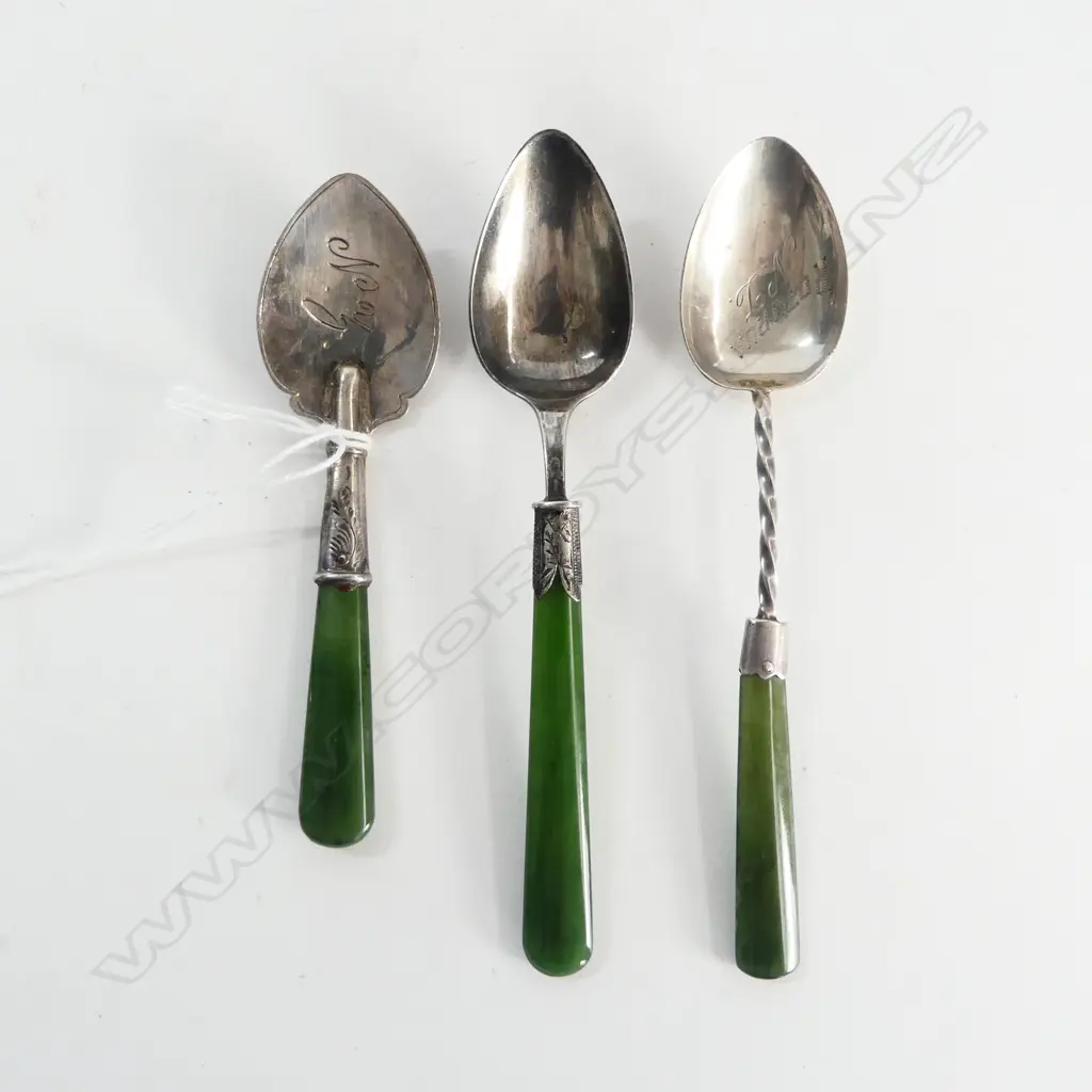 3 EARLY 20thC SILVER & POUNAMU TEASPOONS: 2 engraved NZ 1 Roturua Image 1++