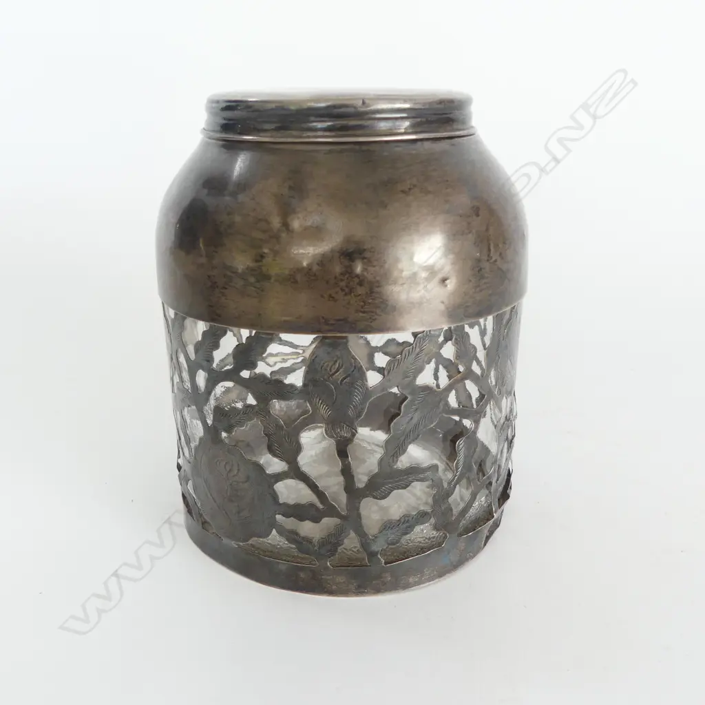 STG SILVER 'S.N.R.' DANISH? TEA CADDY w. GLASS INTERIOR H.120mm SMALL FAULTS Image 1++